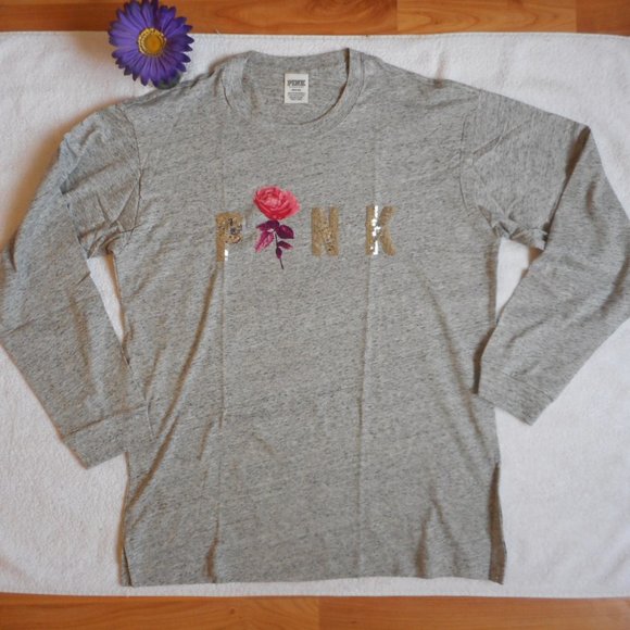 New PINK Victoria's Secret T-Shirt Size Medium Gray Bling Long Sleeve - Picture 11 of 13